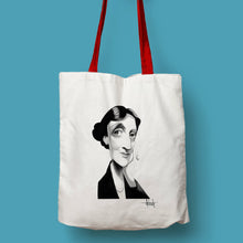 Cargar imagen en el visor de la galería, Tote bag natural con asa roja con ilustración de Virginia Woolf por Fernando Vicente