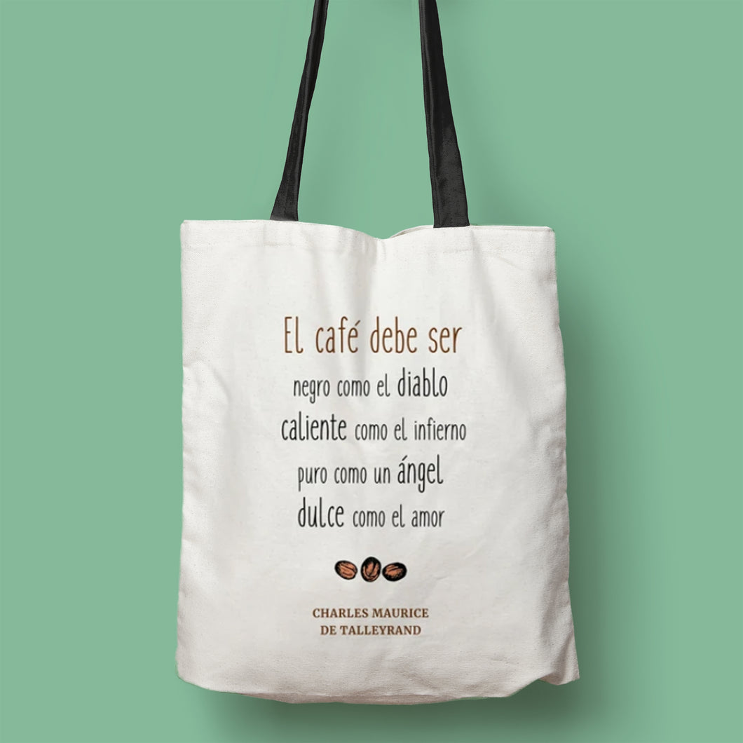 Tote bag natural con asa negra de la colección Quotes & Co con cita de Charles Maurice de Talleyrand sobre sobre el café.