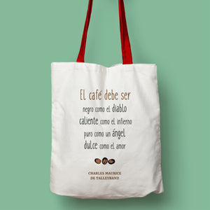 Tote bag natural con asa roja de la colección Quotes & Co con cita de Charles Maurice de Talleyrand sobre sobre el café.