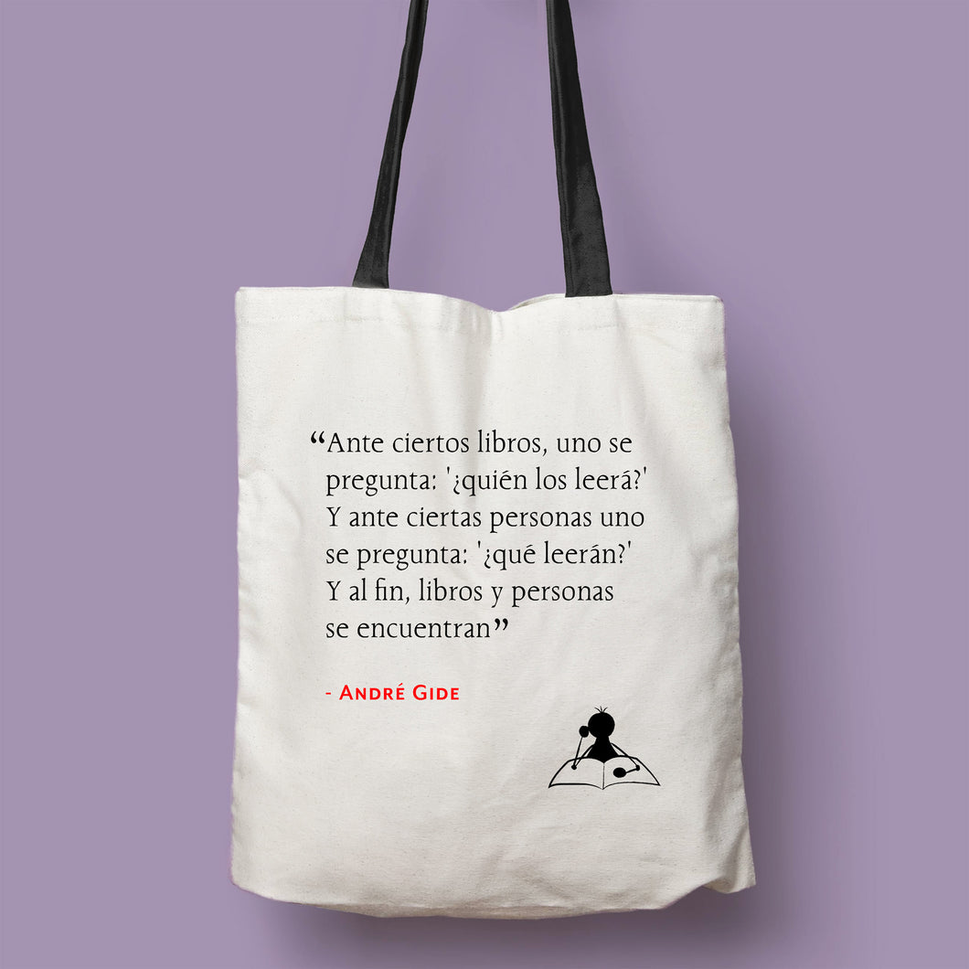 Tote bag natural con asa negra de la colección Quotes & Co con cita de André Gide sobre la lectura