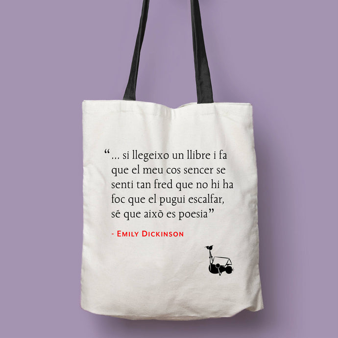 Tote bag natural con asa negra de la colección Lectorix con cita de Emily Dickinson sobre la lectura