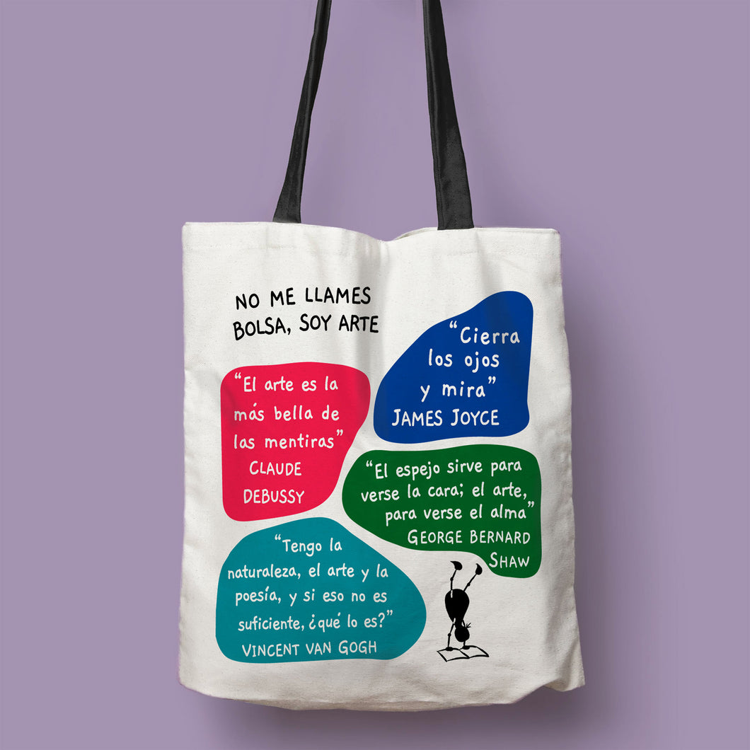 Tote bag natural con asa negra de la colección Lectorix con citas de Claude Debussy, James Joyce, George Bernard Shaw y Van Gogh sobre el arte.