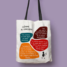 Cargar imagen en el visor de la galería, Tote bag natural con asa negra de la colección Lectorix con citas de Victor Hugo, Nietzsche, Walter Pater y Platón sobre la música.