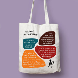 Tote bag natural con asa natural de la colección Lectorix con citas de Victor Hugo, Nietzsche, Walter Pater y Platón sobre la música.