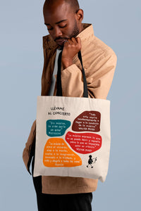 Tote bag natural con asa negra de la colección Lectorix con citas de Victor Hugo, Nietzsche, Walter Pater y Platón sobre la música.