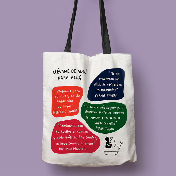 Tote bag natural con asa negra de la colección Lectorix con citas de Cesare Pavese, Antonio Machado, Hipólito Taine y Mark Twain sobre los viajes.