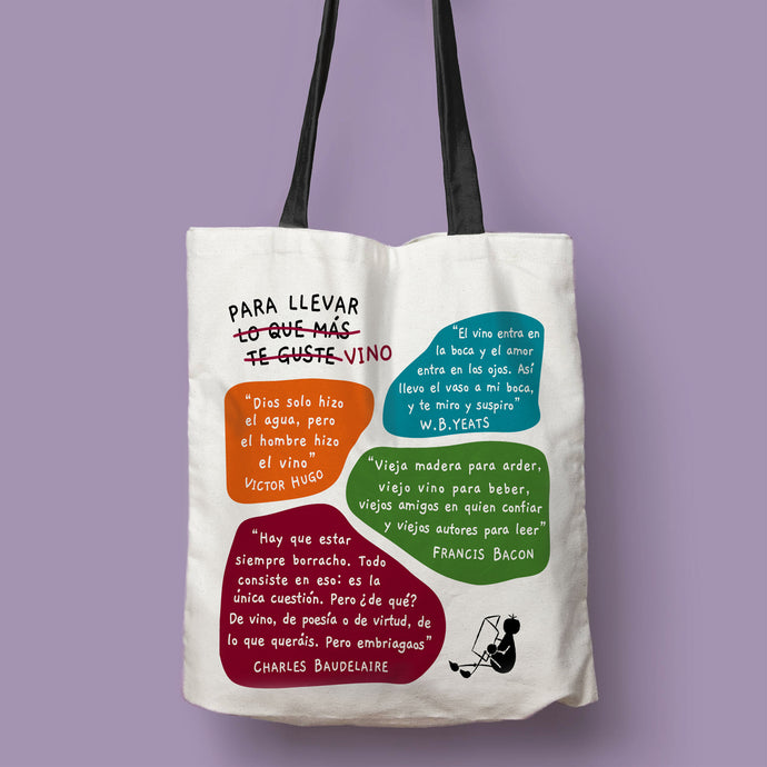 Tote bag natural con asa negra de la colección Lectorix con citas de Francis Bacon, Charles Baudelaire, Victor Hugo y W. B. Yeats sobre el vino.