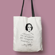 Cargar imagen en el visor de la galería, Tote bag natural con asa negra con ilustración y cita de Mary Shelley en inglés.