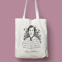 Cargar imagen en el visor de la galería, Tote bag natural con asa natural con ilustración y cita de Emily Dickinson en inglés.