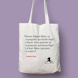 Tote bag natural con asa natural de la colección Lectorix con cita de Adré Gide sobre la lectura en catalán