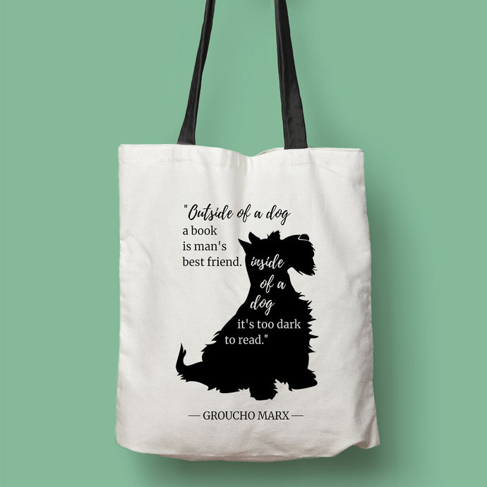 Tote bag color natural con asa negra de la colección Quotes & Co con ilustración de perro y cita de Groucho Marx.